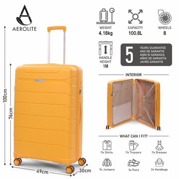Aerolite Large 28in (100L) Lightweight Polypropylene Hard Shell Check-In Luggage Suitcase, 4 Dual Spinner Wheels, TSA Lock, Waterproof Pocket, Premium Travel Case - Mango